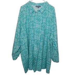 Jessica London Linen Blend Blouse Womens 30W Turquoise & White Geometric Print R